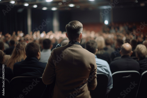 rear view Speaker giving a talk on corporate business conference, Unrecognizable people in audience at conference hall, Business and Entrepreneurship event,