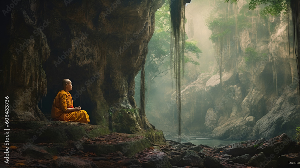 A monk sitting on a rock in front of a cave, thailand Generative AI - obrazy, fototapety, plakaty 