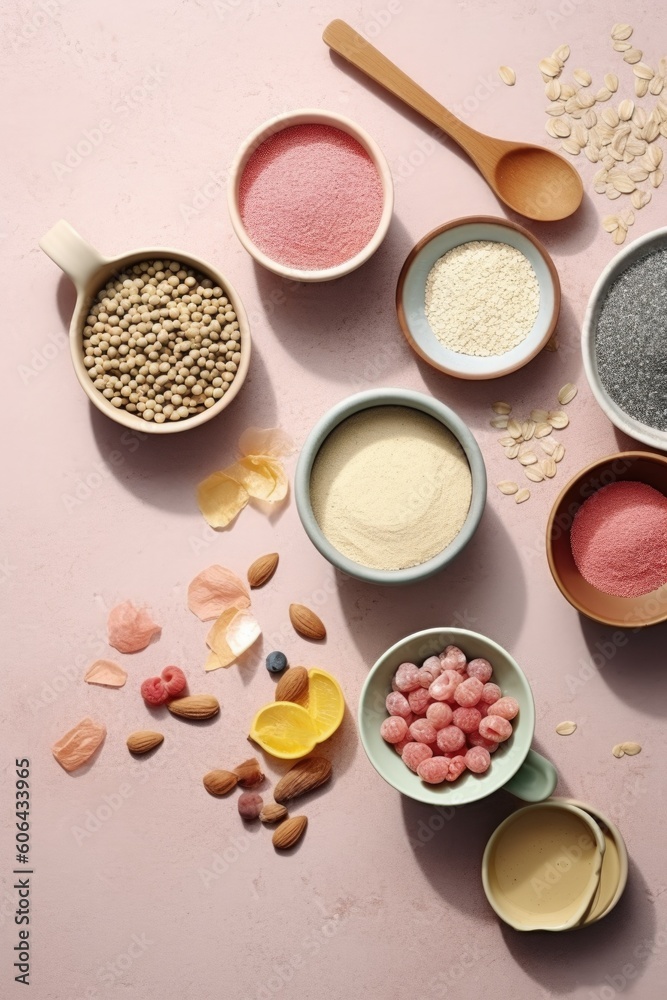 Healthy fitness meal with oatmeal on pastel background. Generated AI. Healthy fitness meal with oatmeal on pastel background. Generated AI.