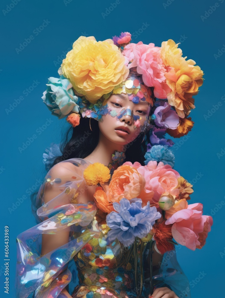Beautiful asian girl woman model posing with neon colored blooming blosom spring flowers on pastel pink blue yellow shiny background. Generated AI.