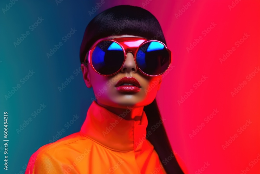 Portrait of fashion caucasian model, in style of futurism fashion, saturated color Generative AI Portrait of fashion caucasian model, in style of futurism fashion, saturated color Generative AI