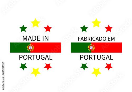 Made in Portugal labels in English and in Portuguese languages. Quality mark vector icon. Perfect for logo design, tags, badges, stickers, emblem, product package, etc