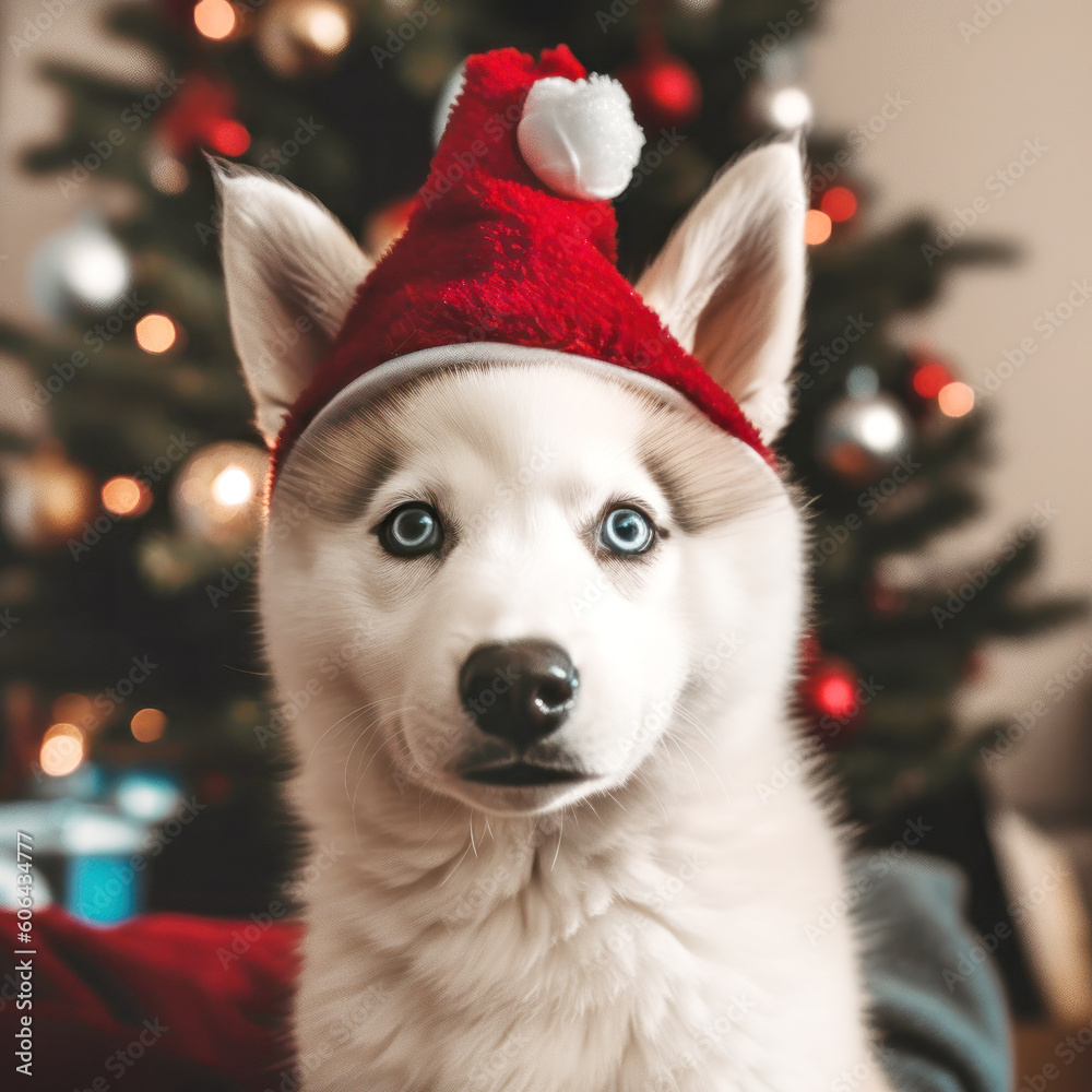 A little  white husky dog wearing a red Santa hat sits in front of a Christmas tree .Generative AI