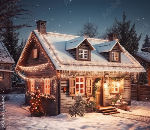 A house with a Christmas decorations on the roof. Generative AI