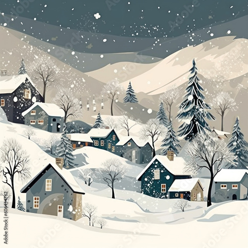A winter scene with a snowy village and trees. Generative AI