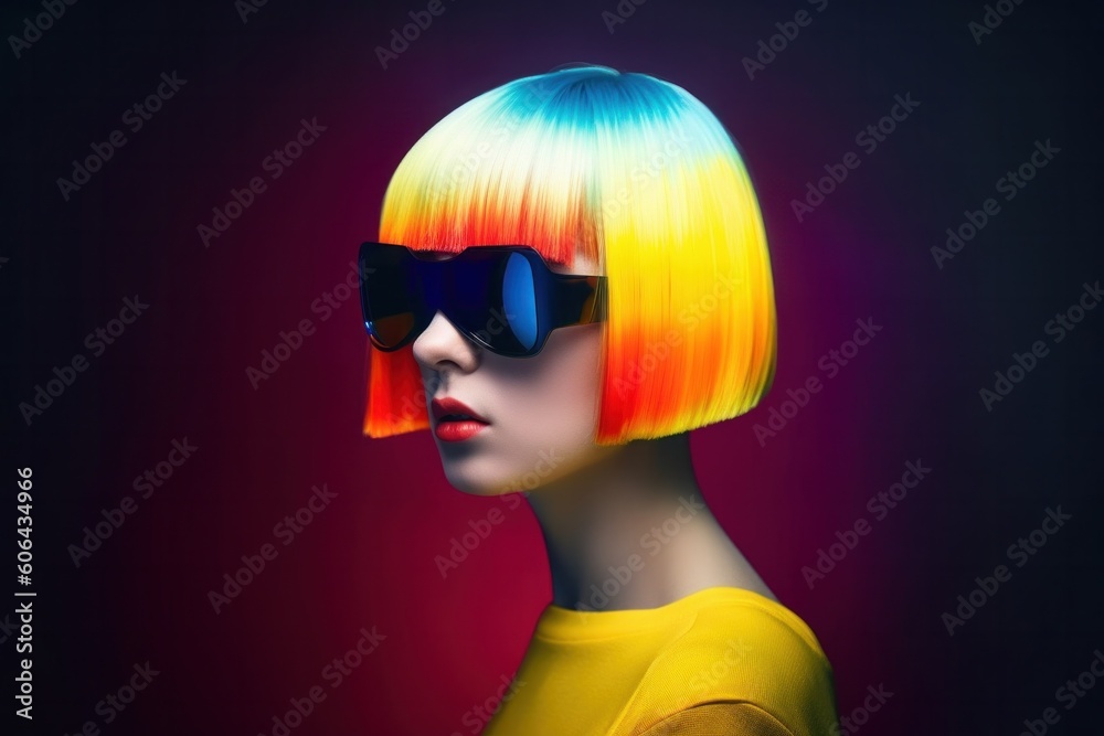Portrait of fashion caucasian model, in style of futurism fashion with colorful hair Generative AI Portrait of fashion caucasian model, in style of futurism fashion with colorful hair Generative AI