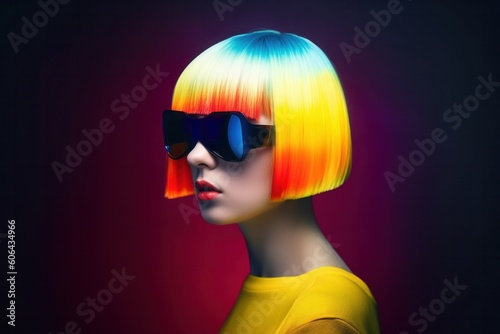 Portrait of fashion caucasian model, in style of futurism fashion with colorful hair Generative AI