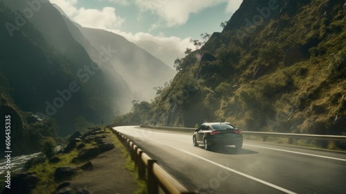 Car drives along a mountain road. Generative AI © Fly Frames