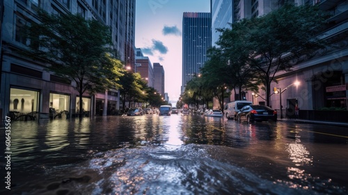 Flooded cars on the street of the city. Generative AI