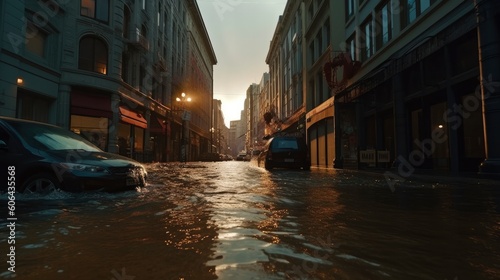 Flooded cars on the street of the city. Generative AI