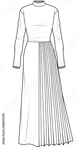 womens long sleeve mock neck jersey dress with pleats long maxi dress flat sketch vector illustration technical cad drawing template