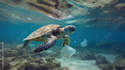 Plastic pollution in ocean and turtle. Generative AI © Fly Frames