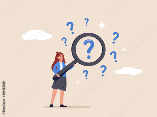 Problem management analysis concept. Analyze or investigate for root cause or incident, finding solution or discover threat or uncertain, businesswoman with magnifying glass analyze question marks.