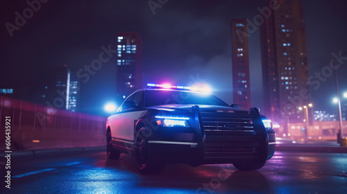 Police Car at Night with Lights On. Generative AI © Fly Frames