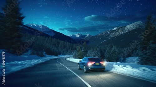 Car driving on empty mountainous road in winter at night . Generative AI