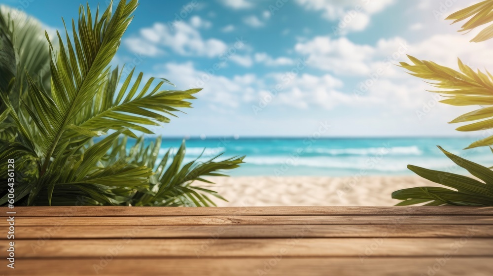 Empty wooden planks with blur beach on background, can be used for product placement. Generative AI Empty wooden planks with blur beach on background, can be used for product placement. Generative AI