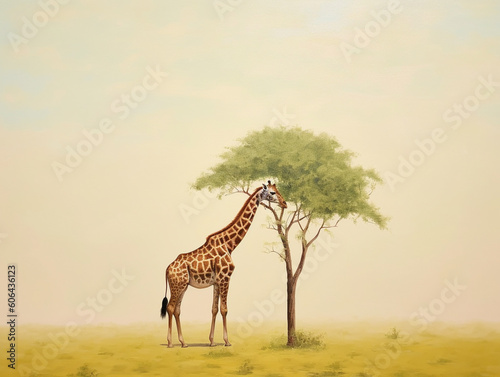 A Minimalist Oil Painting of a Giraffe in Nature   Generative AI