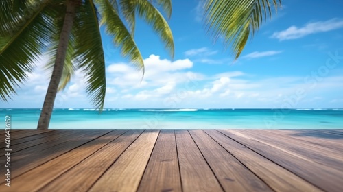 Empty wooden planks with blur beach on background. Generative AI