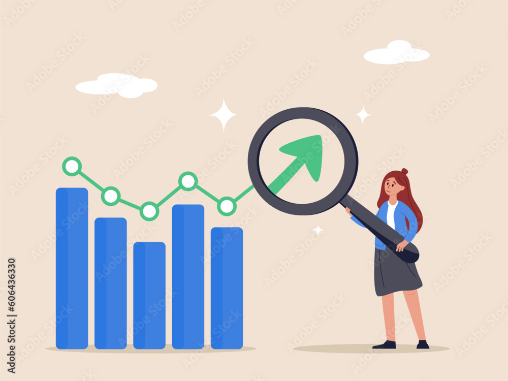 Trend analysis concept. Marketing and sales information, analyze or predict trend line or profit, business forecast report, businesswoman analyst analyze trend graph and chart with magnifying glass. Trend analysis concept. Marketing and sales information, analyze or predict trend line or profit, business forecast report, businesswoman analyst analyze trend graph and chart with magnifying glass.