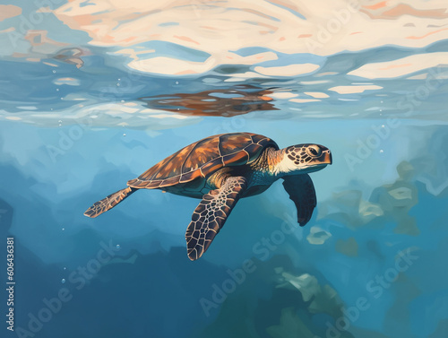 A Minimalist Oil Painting of a Sea Turtle in Nature   Generative AI