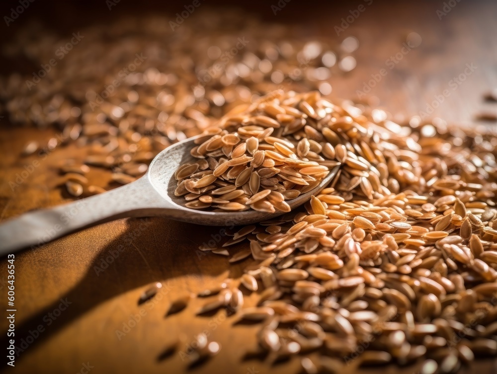 Obraz premium flaxseeds scattered on a wooden surface alongside a small scoop