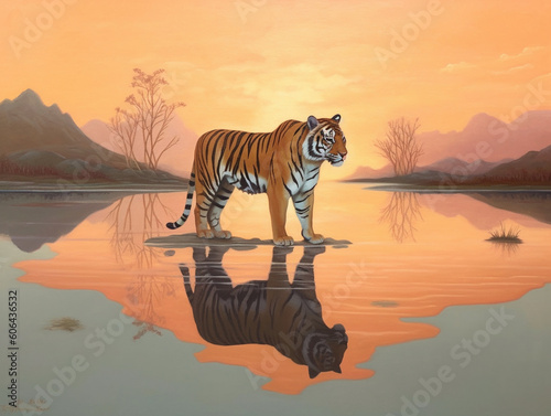 A Minimalist Oil Painting of a Tiger Standing in Nature | Generative AI