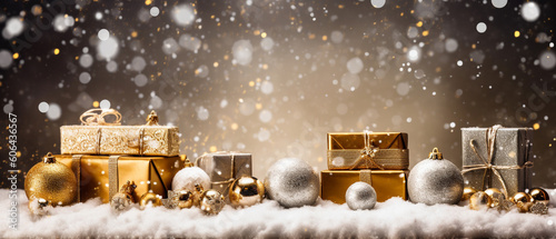 Christmas banner background, vintage gift boxes and balls on full with snow, Generative AI