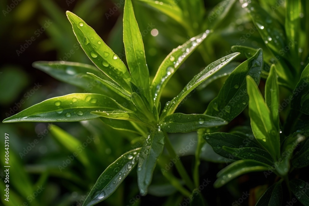 Obraz premium Tarragon leaves with dewdrops glistening in the sunlight