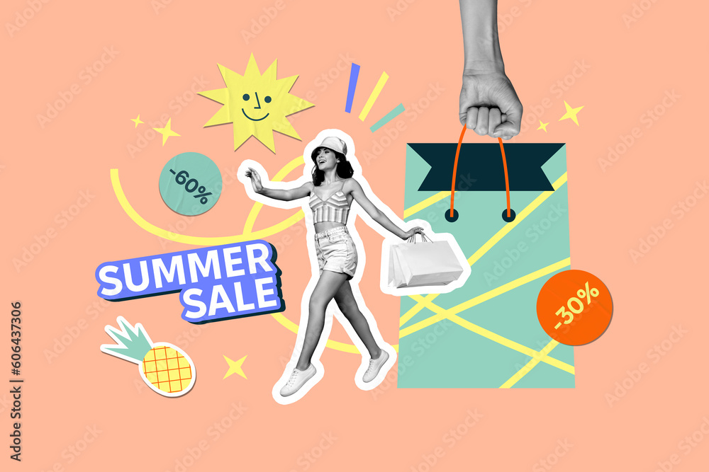 Φωτογραφία Painting image template collage of tourist lady addicted shopaholic hurry buying