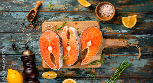 Two fresh fish salmon pieces. Raw Salmon steaks with lemons and spices on wooden board.