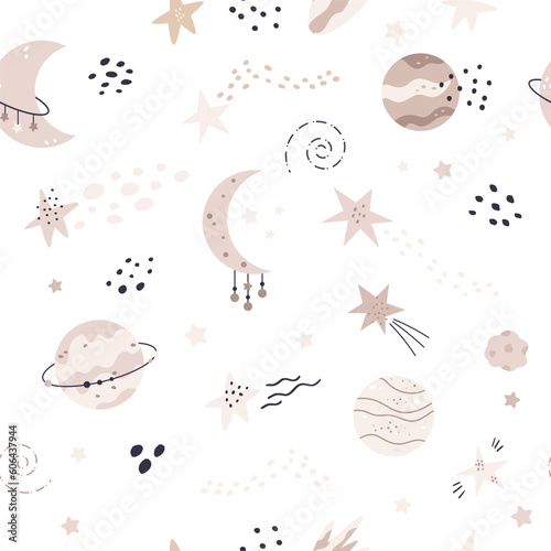 Space, cosmic seamless pattern with hand drawn elements. Explore the universe concept