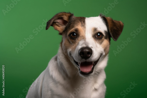 studio headshot portrait of brown white and black medium mixed breed dog smiling against a green background © alisaaa