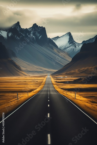 AI generated: Serene Journey on an Empty Road Amidst Majestic Mountains