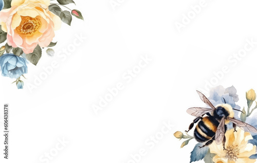 Watercolor summer plants and flowers with bee, summer holiday banner