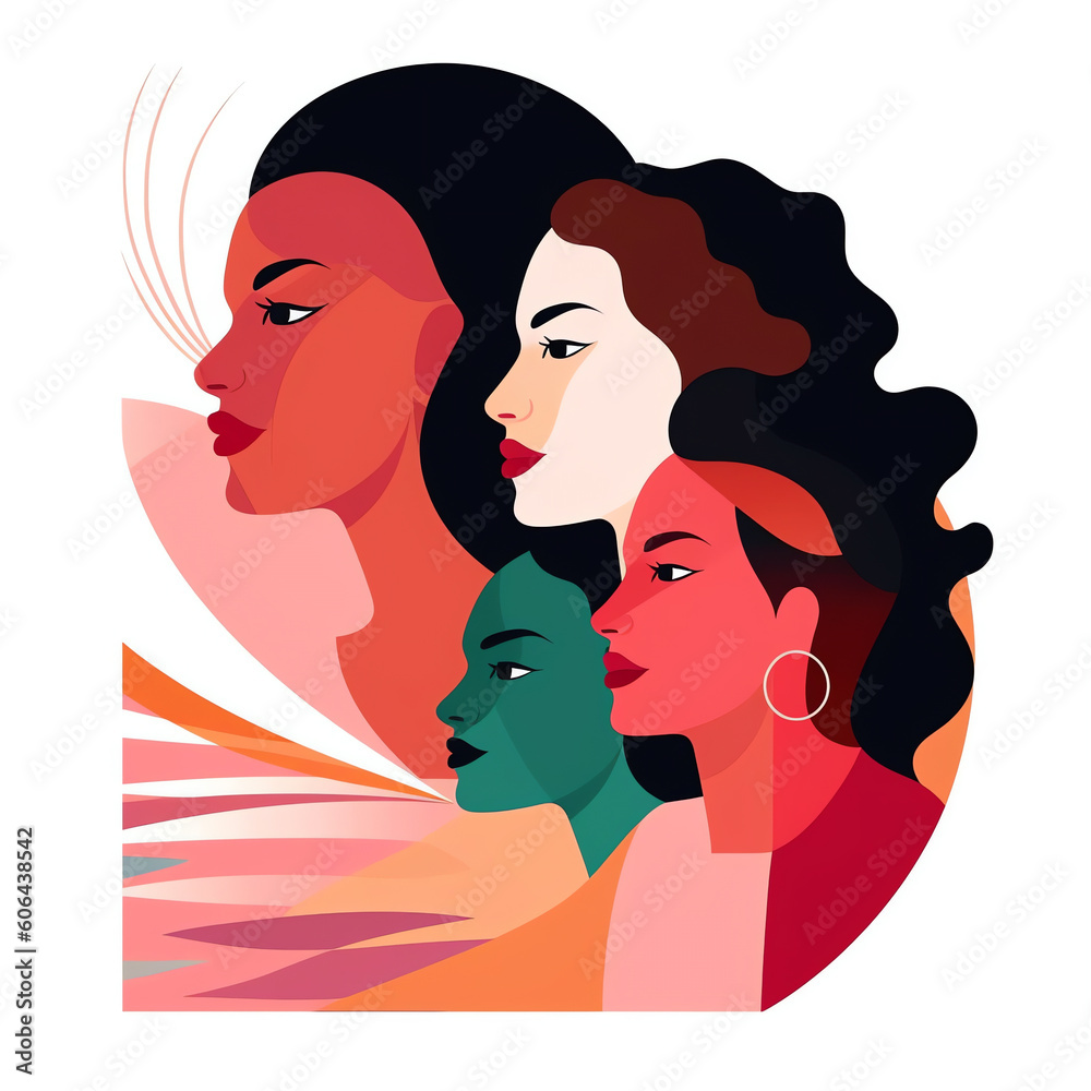 AI generated: Diverse beautiful modern women, girls group. Flat style vector illustration. Female cartoon characters. Design element for 8 March, Womens Day card, banner, poster. Feminism