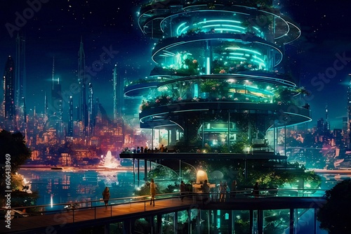 building in the city of the future at night