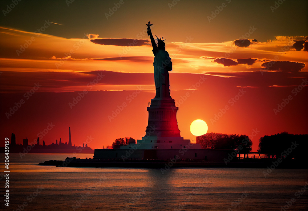 Statue of Liberty with sunset Generative AI