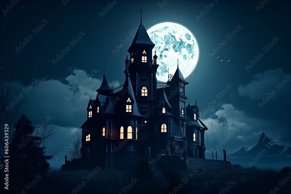 Scary Gothic castle on Halloween night haunted palace or mansion for dark blue background, Spooky view of old mystery castle and bats in full moon, Horror scene with big gloomy house fantasy place,