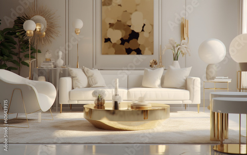 Ivory and gold living room with modern furniture and abstract art  Generative AI  