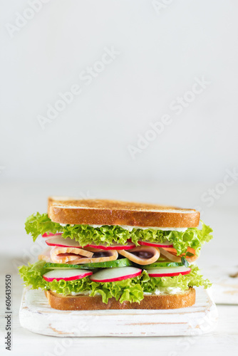 Delicious and fresh sandwich with greens, ham, cucumber and radish on a wooden board on a light background close-up