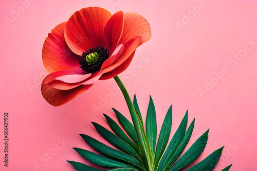 Top view  Red poppy head on pink background  flat lay