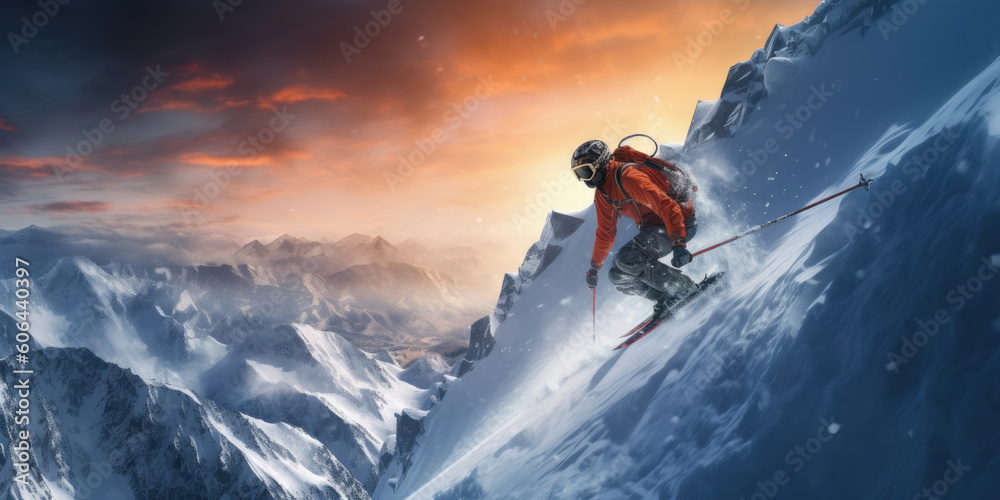 Extreme skier descending down a rocky mountain. Generative AI