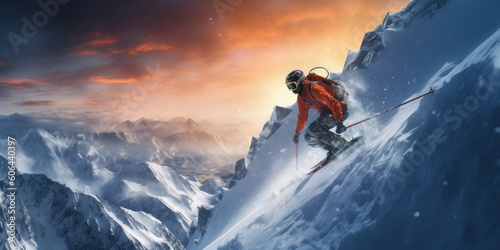 Extreme skier descending down a rocky mountain. Generative AI