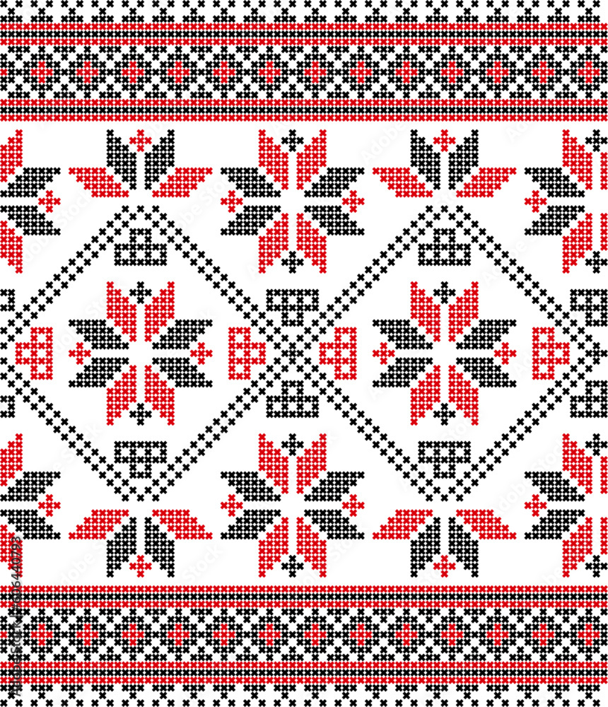 Red and black Christmas pattern, ethnic Lemko pattern - obrazy, fototapety, plakaty 