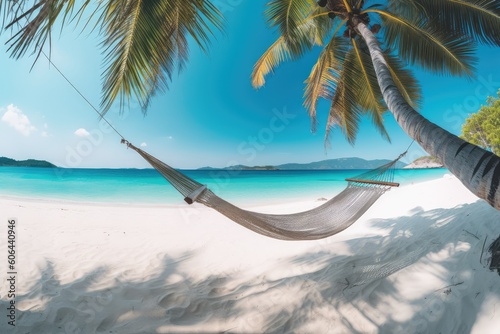 a hammock with a palm tree hanging on a beach