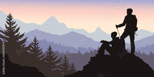 Travel mountains landscape. Silhouette of tourists on rock. Forest horizontal background. Extreme tourism panorama. Adventure outdoor scene