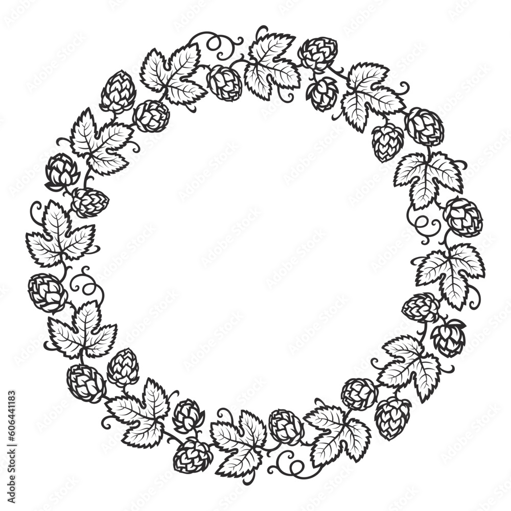 Round frame made of beer hops branches with leaves and hop cones. Decorative wreath. Hand drawn vector illustration. Round frame made of beer hops branches with leaves and hop cones. Decorative wreath. Hand drawn vector illustration.