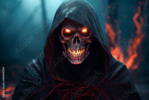 Grim reaper wit red glowing eyes lokking at the camera over burning background. Generative AI photo