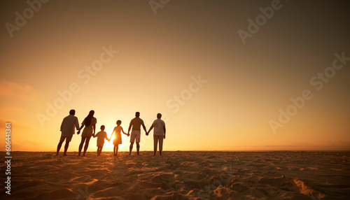 Family  holding hands beach at sunset and generations  grandparents travel with parents and kids with orange sky. Back  unity and men  women and children  silhouette and vacation with mockup space