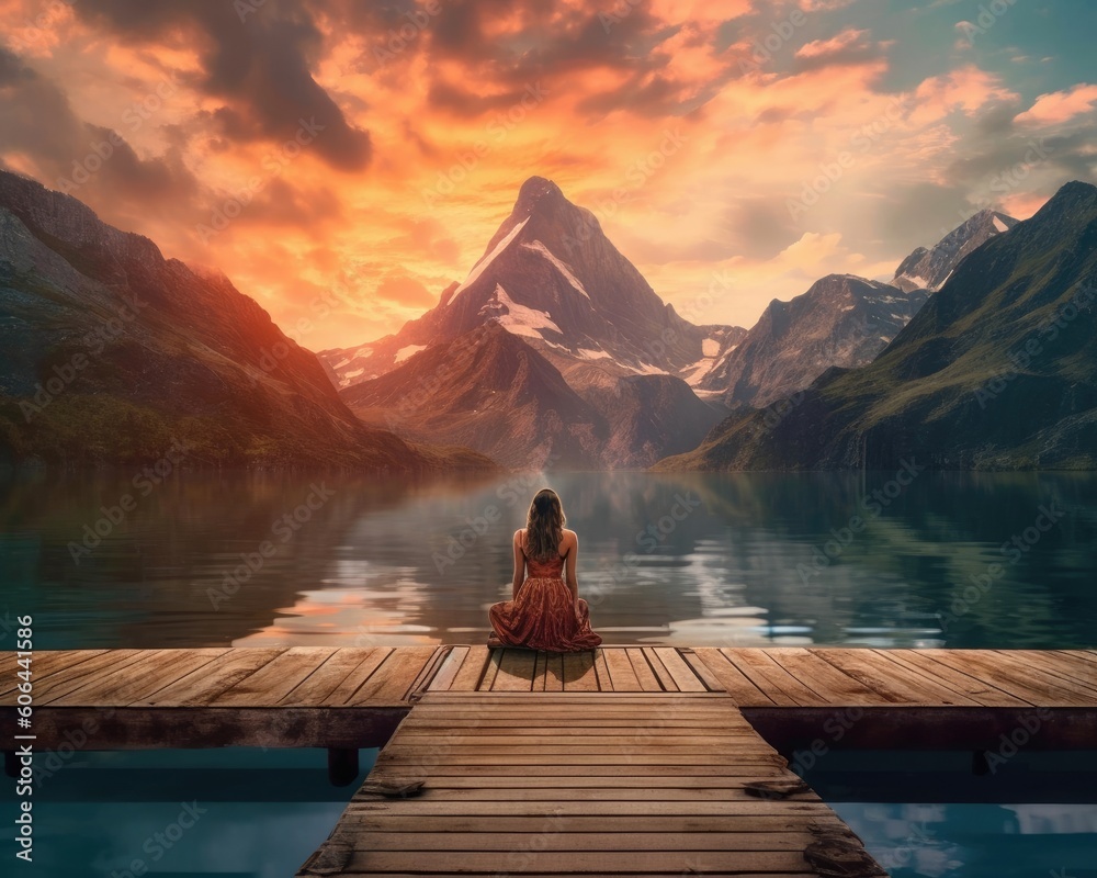 A woman watches sun set over mountains on dock near lake. (Generative AI) A woman watches sun set over mountains on dock near lake. (Generative AI)